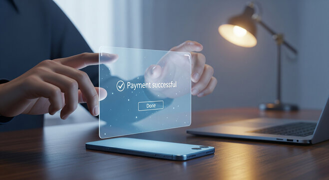 Person completing a secure digital payment transaction using a futuristic holographic interface. - Powered by Adobe