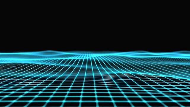 Neon blue grid of undulating waves against a dark black background