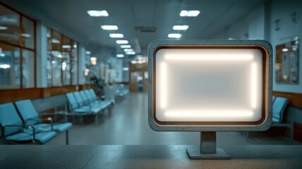 Naklejka premium Empty hospital hallway featuring a brightly lit blank information screen
