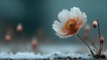 A Delicate White Flower Blooming Through the Pristine Cold Snow