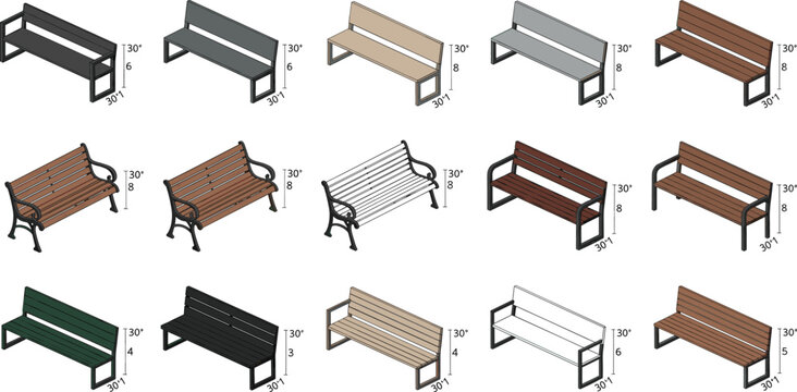 Park bench and outdoor seating vector set featuring wooden and metal benches with dimensional design variations