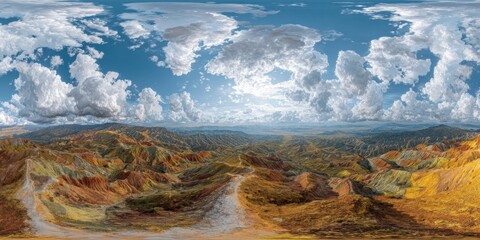 Colorful mountain landscape panorama under a vast, cloudy sky