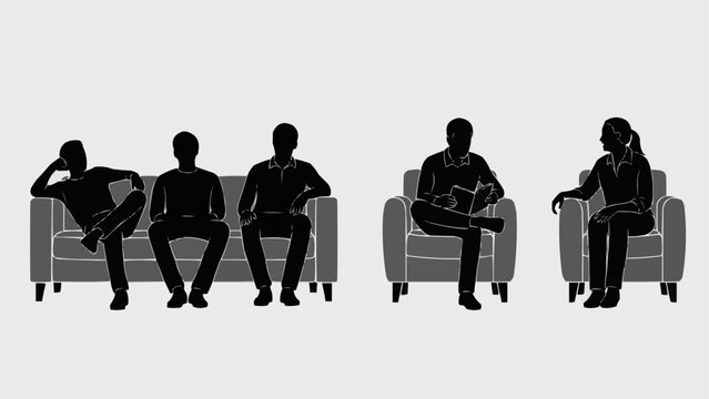 Silhouettes of people sitting on sofas in a waiting room.