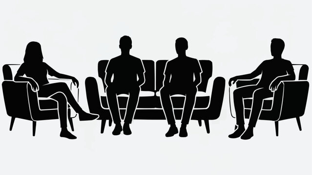 Group therapy session with silhouettes of people sitting on couches.