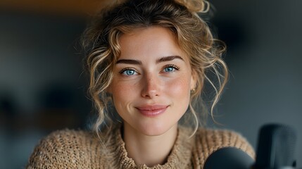 A woman with blonde hair and blue eyes is smiling at the camera