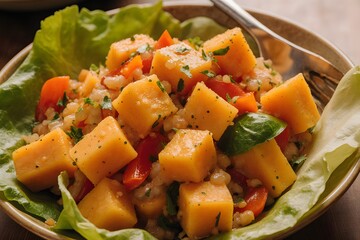 A bowl of food with lettuce and tomatoes