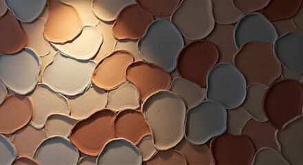 Abstract close-up of layered creamy textured paint swatches in warm and neutral tones arranged in an overlapping pattern creating an artistic and tactile surface