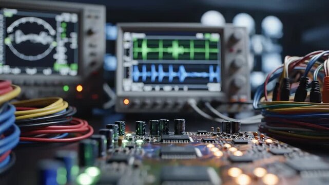 A Close-Up View of a Circuit Board Surrounded by Oscilloscopes Analyzing Waveforms and Colorful Wires in a High-Tech Electronic Laboratory Environment