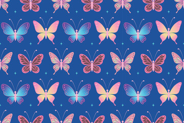 Seamless colorful butterfly pattern on deep blue background Fantasy pastel butterflies seamless pattern with decorative wings Cute glowing butterfly repeat pattern in vibrant colors