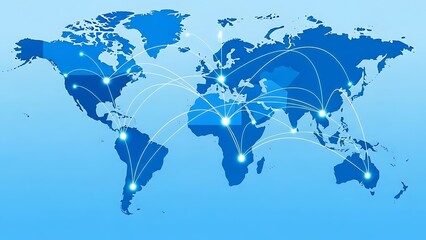 Global network connection on a world map, illustrating international communication, business partnerships, and digital data exchange across continents, representing a connected world