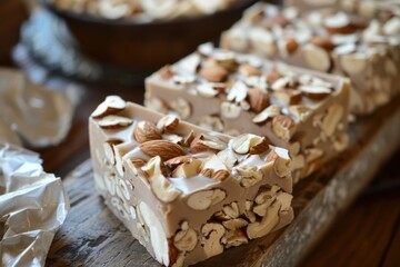 Delicious homemade nougat with almonds and hazelnuts resting on rustic wooden board