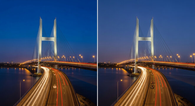 Stunning long exposure photograph of a modern cable-stayed bridge at night with vibrant car light trails over water.