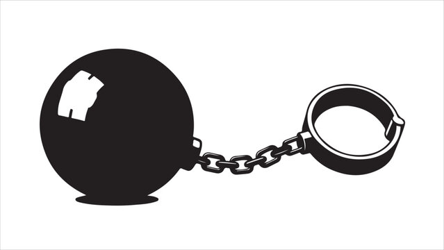Shackles and gyves with a chain and heavy metal ball, symbolizing imprisonment, encumbrance, or debt. Vector illustration..eps