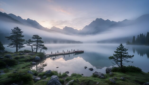 Tranquil mountain lake surrounded by pine forest in dense morning fog - Powered by Adobe