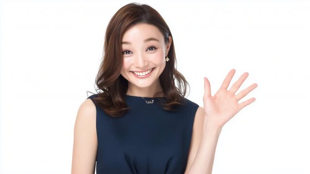 ネイビーのドレスで手を振り微笑む女性の上品な挨拶