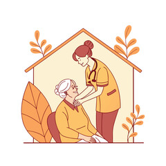 Vector silhouette of a nurse providing compassionate care to an elderly patient.