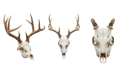 Three detailed animal skull renderings, each angled differently, with majestic antlers. Their bleached bones gleam against a black background