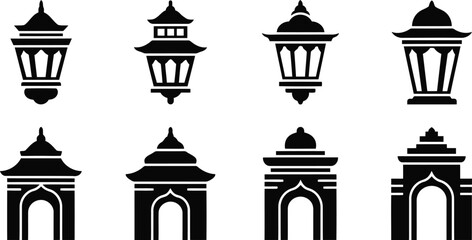 Elegant Black Silhouettes of Traditional Lanterns and Arches
