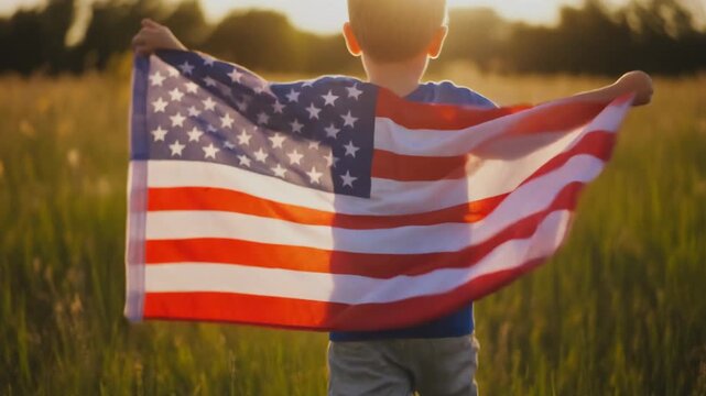 Child proudly holding the vibrant american flag under golden sunlight, suitable for patriotic designs, independence day, and national pride concepts.