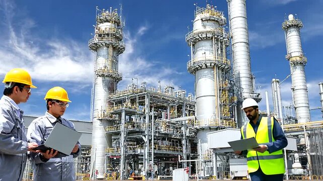 Workers at a refinery discuss plans using a laptop under blue skies