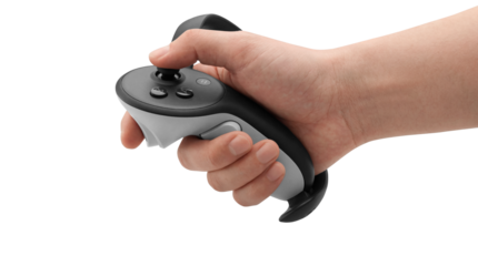 Male hand holding virtual reality game controller pressing joystick isolated on transparent background