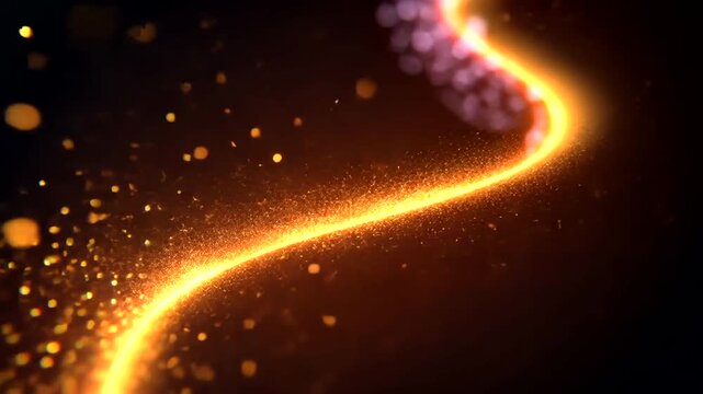 Sinuous golden light trail with particles on a dark background
