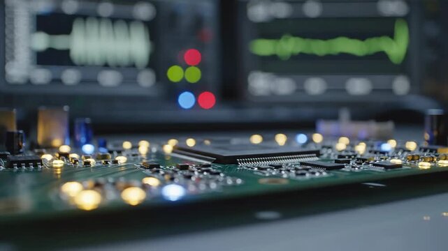 Close-up View of a Circuit Board Configuration with Illuminated Components and Oscilloscope Waveform in Background, Highlighting the Intricacies of Electronics.