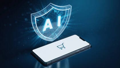 Smart AI Protection: Conceptual scene featuring a smartphone displaying an online shopping cart, overlaid with a glowing shield representing artificial intelligence.
