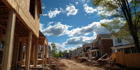 New construction framing alongside established homes under a cloudy blue sky