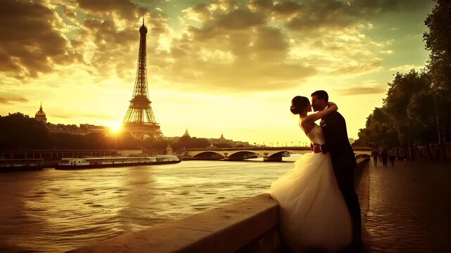 Paris, France, Europe. A romantic wedding scene captured during sunset near the Seine River in Paris, France. The Eiffel Tower stands tall in the background.