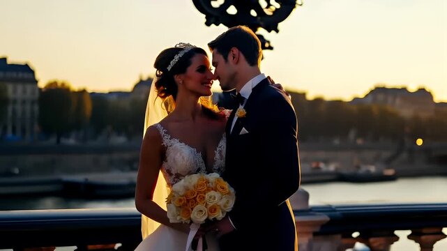 Paris, France, Europe. A wedding couple on a bridge during sunset with the Eiffel Tower in the background. The bride and groom are captured in a romantic pose.
