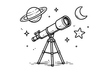 Hand-drawn telescope with moon, stars, and saturn design for astronomy enthusiasts