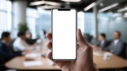 Hand holding smartphone with blank screen during business meeting