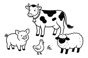 Fototapeta premium Black and white farm animals in doodle style: cow, pig, sheep, chicken