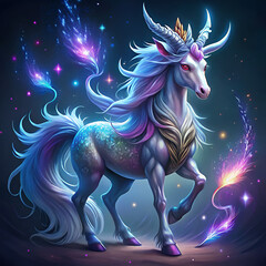 Mystical unicorn with colorful mane in a magical fantasy backdrop  
