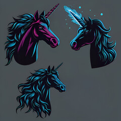 Three colorful unicorn illustrations with distinct styles and details  