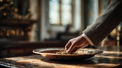 A hand depositing coins into a collection plate inside a church