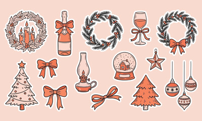 Retro vintage New Year doodle set, whimsical chalk doodles of christmas party, retro vintage new year and christmas icons, handwriting vector illustration