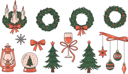 Retro vintage New Year doodle set, whimsical chalk doodles of christmas party, retro vintage new year and christmas icons, handwriting vector illustration