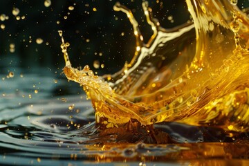 Golden liquid splashing and making drops over a dark background, creating beautiful shapes