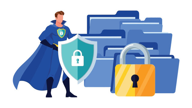 Superhero Guard Protects Digital Files and Folders With Shield and Padlock Symbol for Data Security