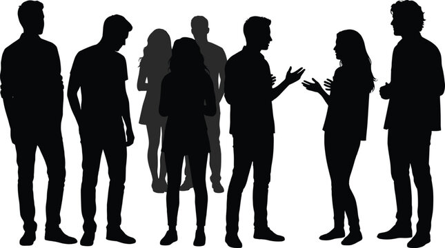 Black silhouette of a diverse group of people standing and talking in a crowd isolated on a white background
