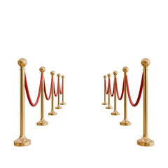 Premium gold stanchions with red velvet ropes forming a VIP path. perspective view, symmetrical rows receding on a transparent background. © pikopixel