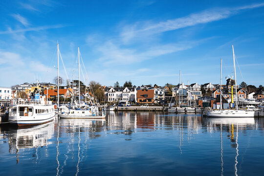 The port of Laboe on the Kiel Fjord on a summer's day, at 04. April 2025 in Germany / Schleswig-Holstein, Laboe.