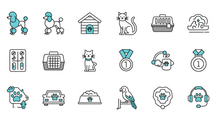 Vector icon set depicting pet care dogs, cats, and parrots with icons for veterinary care, specialized food, medications, and rewards
