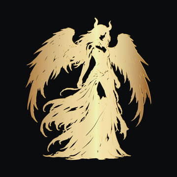 Golden silhouette of a fallen angel with large feathered wings and horns. Elegant mystical female figure in a flowing dress, isolated on black for luxury fantasy design.