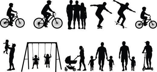 Active family lifestyle silhouettes, parents and children outdoor activities, cycling skateboarding playground moments, modern family life illustration set