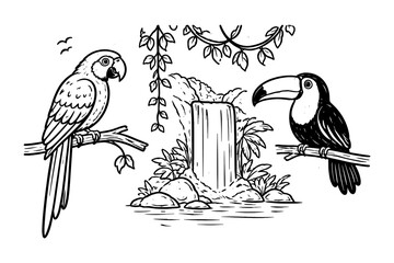 Fototapeta premium Tropical birds with waterfall in jungle black and white line art