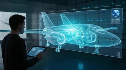 A focused male engineer views an advanced glowing blue holographic airplane blueprint design on a digital tablet in a dark modern high tech engineering research facility - Powered by Adobe