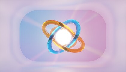 Fototapeta premium Colorful rings interconnect to form a central white light in a digital artwork displayed on a gradient background